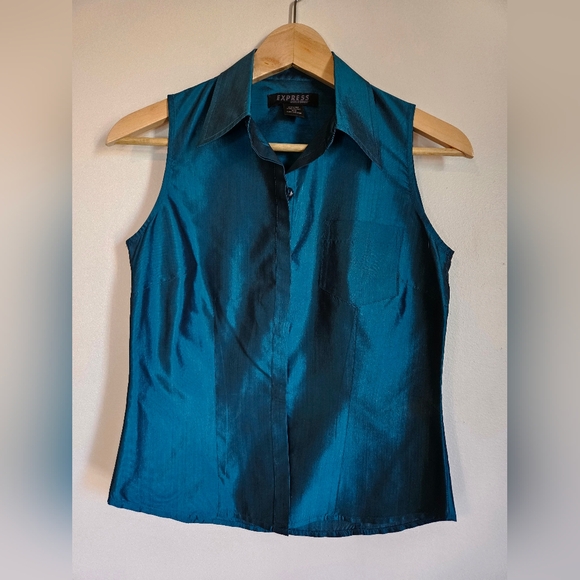 Express size 1/2 XS 100% silk button up blouse teal blue, vintage,office - Picture 3 of 7